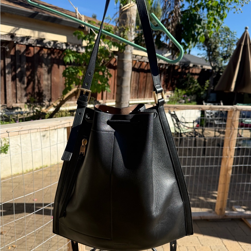 All Saints Black Leather Bucket Backpack